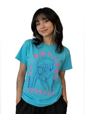 Naruto Uzumaki Graphic Tee Aqua Pink Anime Manga Short Sleeve T-Shirt Size Small